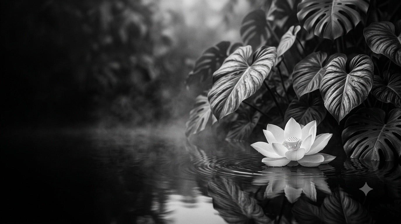 Flor de loto sobre el agua entre hojas tropicales
